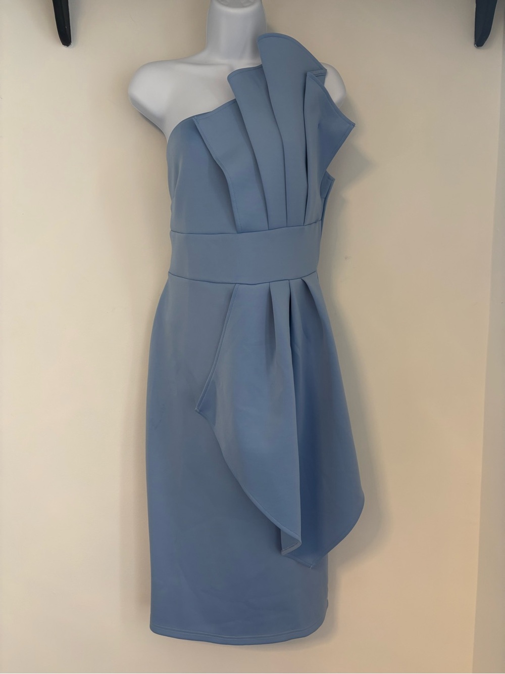 One-Shoulder Light Blue Pleated Cocktail Dress
